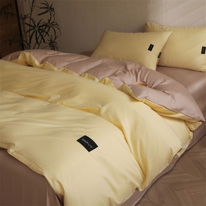 91家纺网 家纺一手货源 找家纺 启程2025新款全棉纯色双拼无印风四件套 奶昔黄+杏仁