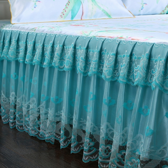 91家纺网 家纺一手货源 找家纺 情恒家纺2025新款床裙款冰丝布艺软凉席三件套 花间意-蓝