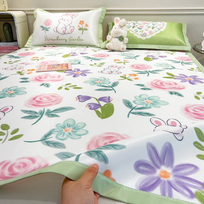 91家纺网 家纺一手货源 找家纺 摩妮卡 2025小清新数码冰丝席 碳光席三件套 缤纷兔语