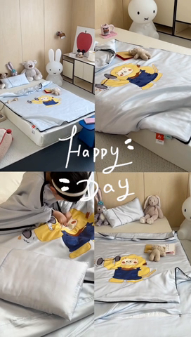 91家纺网 家纺一手货源 找家纺 喜多兔儿童家纺 2025新款60S兰精天丝睡袋防踢被 灰蓝色运动小狮子