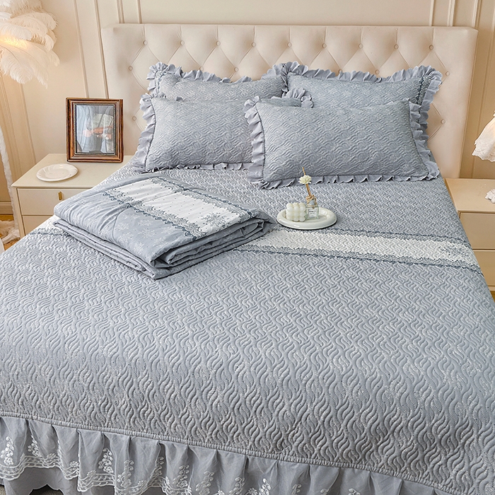 91家纺网 家纺一手货源 找家纺 梦柏 2025新款韩版双层纱夹棉绗缝床盖夏被四件套 思念