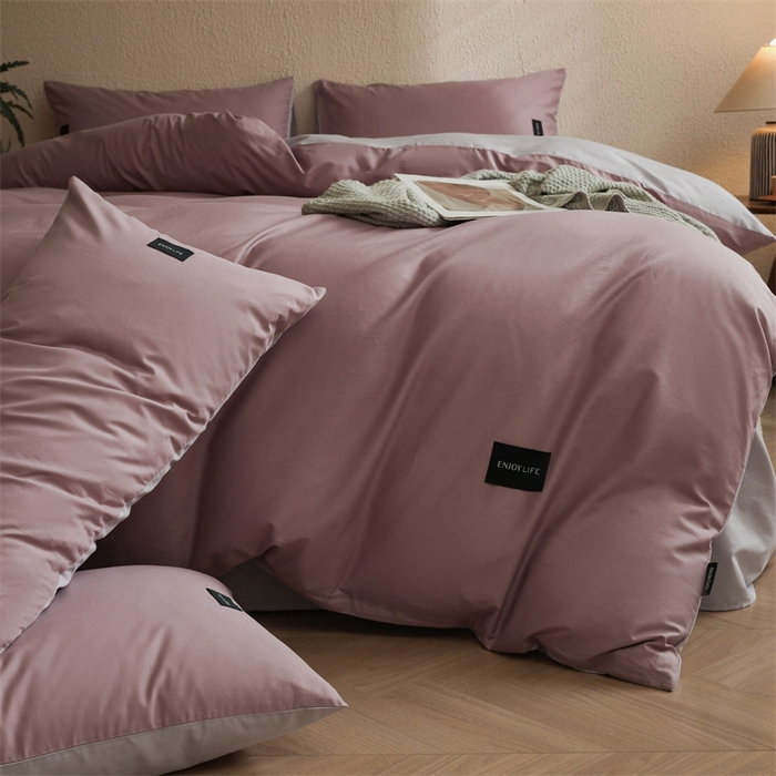 91家纺网 家纺一手货源 找家纺 启程2025新款全棉纯色双拼无印风四件套 香芋紫+水晶紫