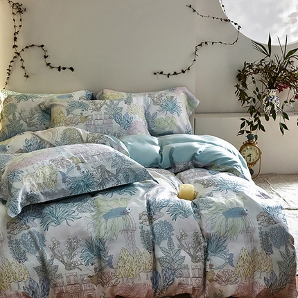 未来家居 2025春夏新款100支莱赛尔天丝贡缎纯色印花系列高端礼盒四件套 溪谷清梦