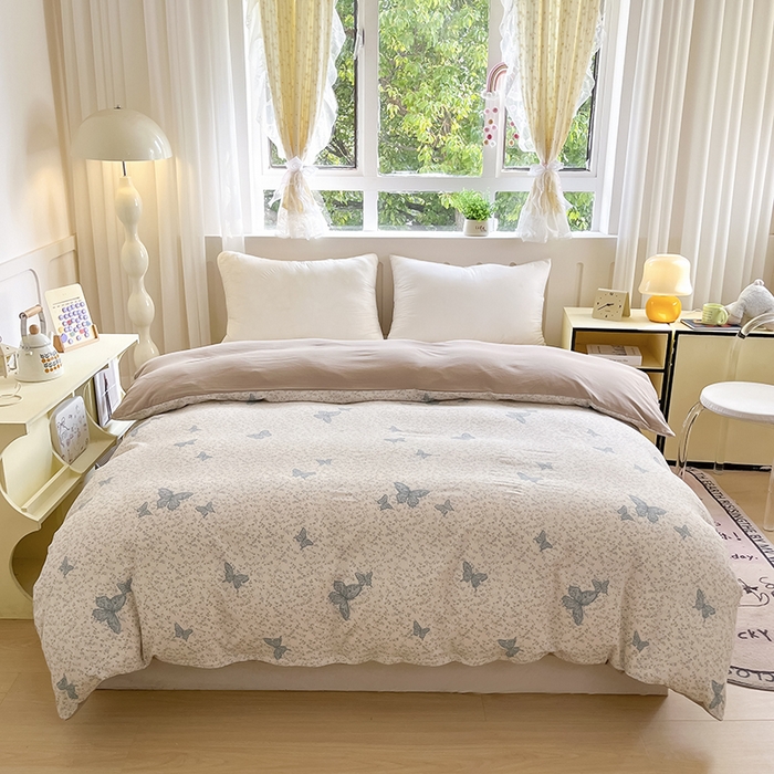 91家纺网 家纺一手货源 找家纺 玖明2025新款A类加厚柔软针织棉双层纱四件套 蝶梦花香