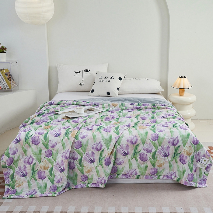 91家纺网 家纺一手货源 找家纺 被多多被业 2025新款凉感丝印花夏被夏凉被空调被 紫色郁金香