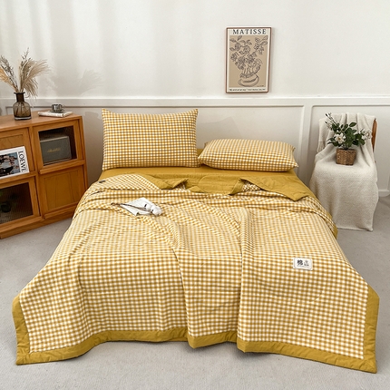 鸣升家纺 2025新款100%里外全棉棉花夏被无印风全棉色织水洗棉夏凉被空调被夏被春秋被单人可机洗 黄小格