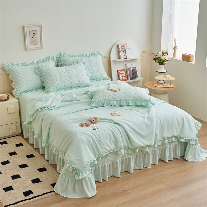 91家纺网 家纺一手货源 找家纺 恒爱家纺 2025新款针织棉立体扶桑花夏被床盖四件套 淡海蓝