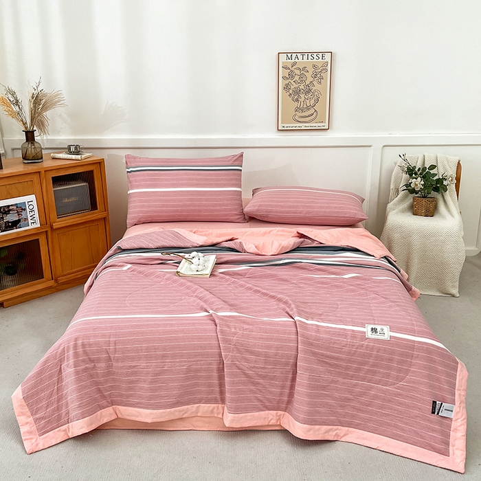 91家纺网 家纺一手货源 找家纺 鸣升家纺 2025新款100%里外全棉棉花夏被无印风全棉色织水洗棉夏凉被空调被夏被春秋被单人可机洗 格林粉