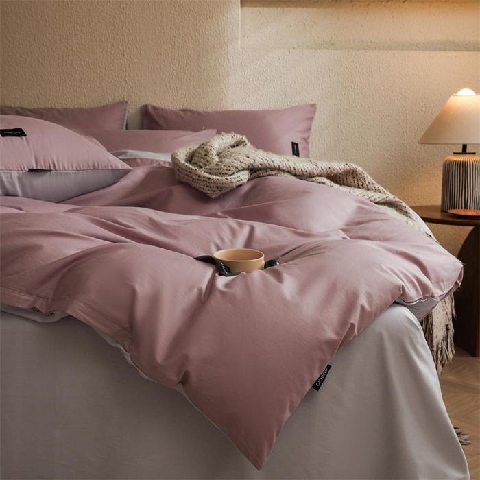 91家纺网 家纺一手货源 找家纺 启程2025新款全棉纯色双拼无印风四件套 香芋紫+水晶紫