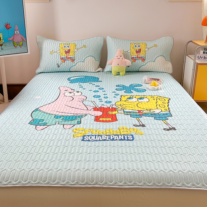 91家纺网 家纺一手货源 找家纺 金爱家 2025新款海绵宝宝乳胶凉席床笠款凉席席子 凉席床笠款-泡泡海绵宝宝