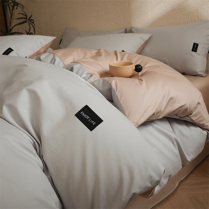 启程2025新款全棉纯色双拼无印风四件套 绅士灰+杏仁