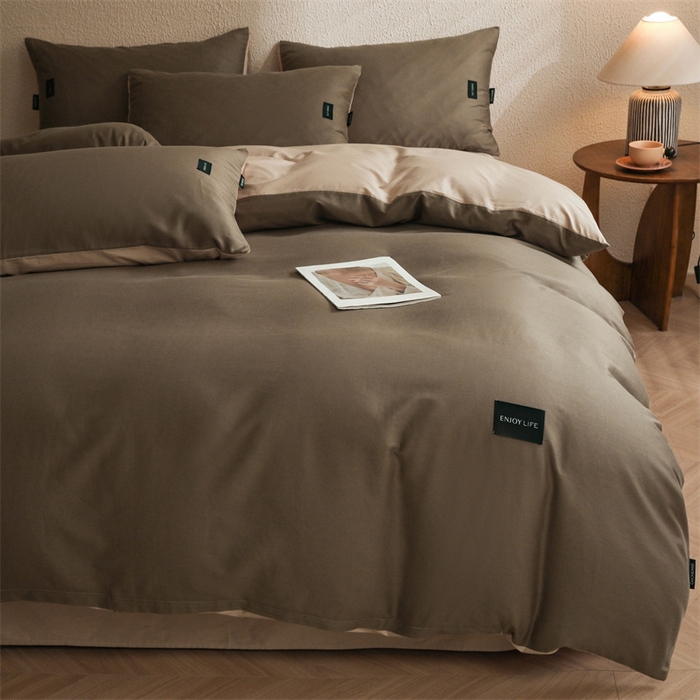 91家纺网 家纺一手货源 找家纺 启程2025新款全棉纯色双拼无印风四件套 岩石灰+杏仁