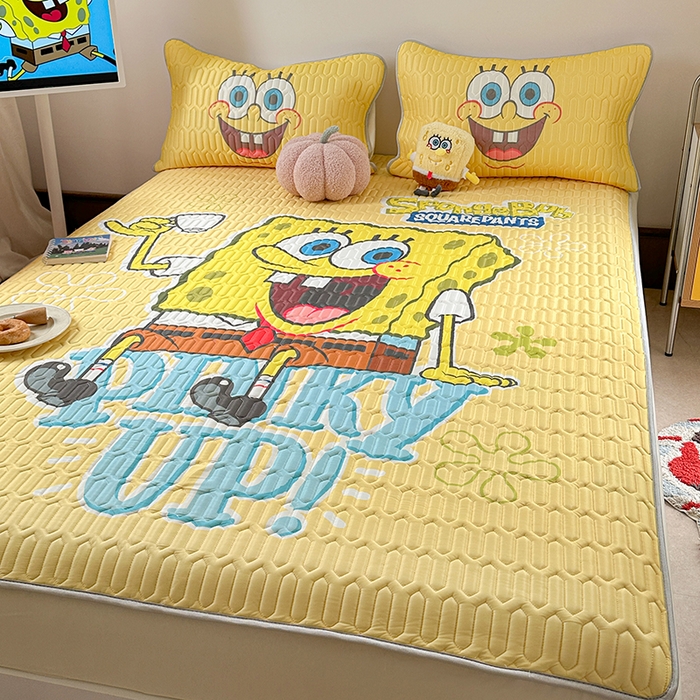 91家纺网 家纺一手货源 找家纺 金爱家 2025新款海绵宝宝乳胶凉席床笠款凉席席子 凉席床笠款-咖啡海绵宝宝