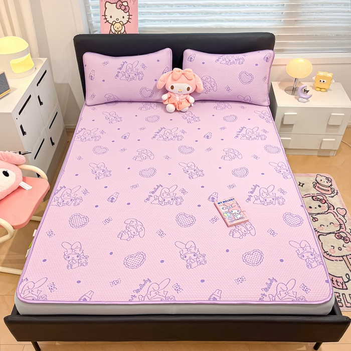 91家纺网 家纺一手货源 找家纺 2025新款三丽鸥正版授权A类提花冰豆豆凉席平铺款床笠款系列_1409 冰豆豆-美乐蒂-紫