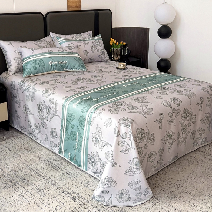 91家纺网 家纺一手货源 找家纺 纽缦家纺 2025新款印花冰丝防滑床单 秋雨暖熙青