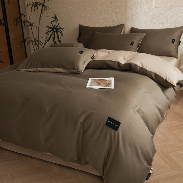 91家纺网 家纺一手货源 找家纺 启程2025新款全棉纯色双拼无印风四件套 岩石灰+杏仁