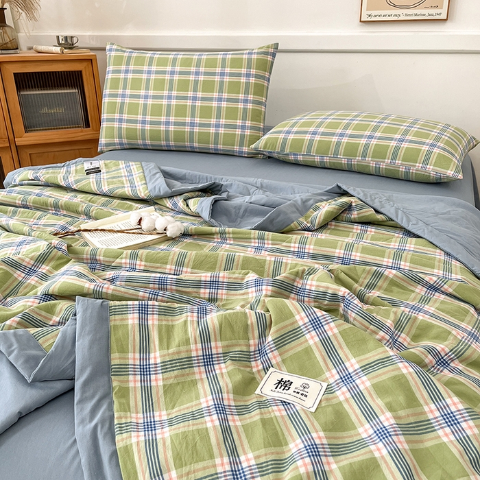 91家纺网 家纺一手货源 找家纺 鸣升家纺 2025新款100%里外全棉棉花夏被无印风全棉色织水洗棉夏凉被空调被夏被春秋被单人可机洗 初时绿