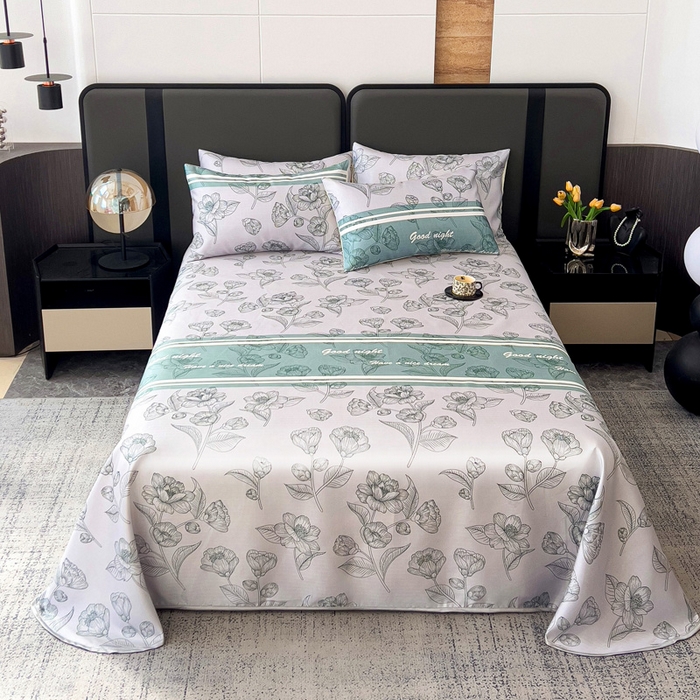 91家纺网 家纺一手货源 找家纺 纽缦家纺 2025新款印花冰丝防滑床单 秋雨暖熙青