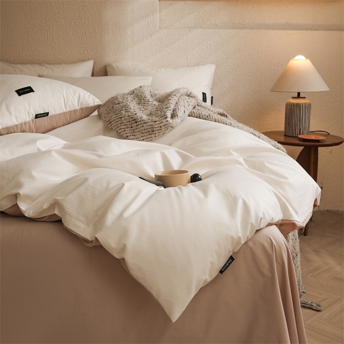 91家纺网 家纺一手货源 找家纺 启程2025新款全棉纯色双拼无印风四件套 奶白+杏仁