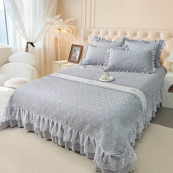 91家纺网 家纺一手货源 找家纺 梦柏 2025新款韩版双层纱夹棉绗缝床盖夏被四件套 思念