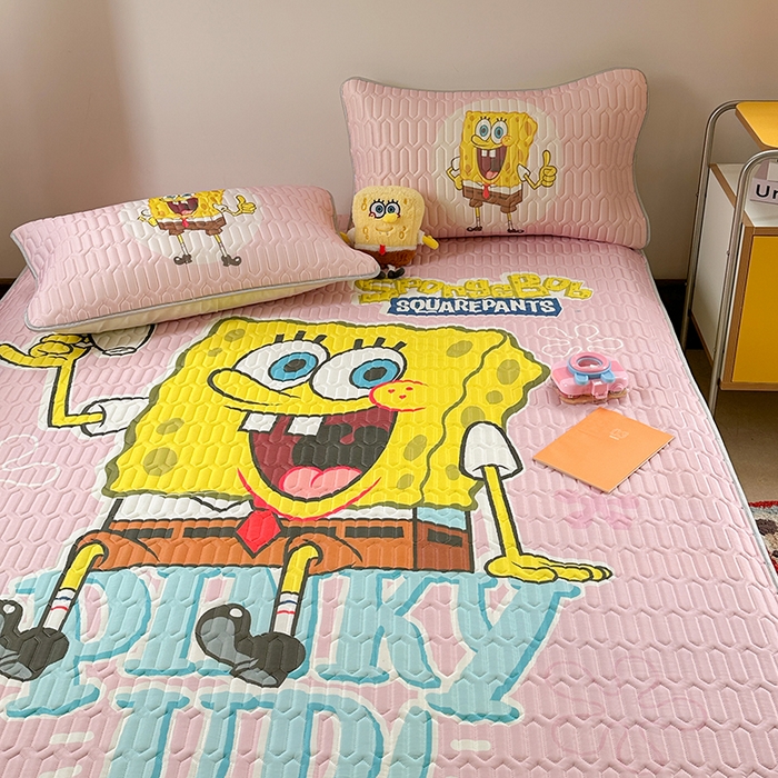 91家纺网 家纺一手货源 找家纺 金爱家 2025新款海绵宝宝乳胶凉席床笠款凉席席子 凉席床笠款-爱喝海绵宝宝粉