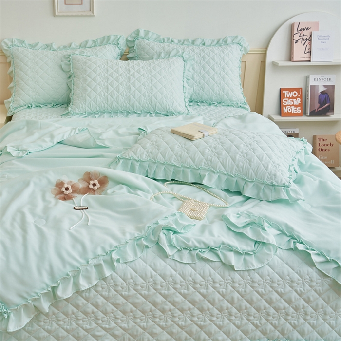 91家纺网 家纺一手货源 找家纺 恒爱家纺 2025新款针织棉立体扶桑花夏被床盖四件套 淡海蓝