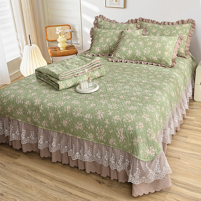 91家纺网 家纺一手货源 找家纺 梦柏 2025新款韩版双层纱夹棉绗缝床盖夏被四件套 绿野仙踪