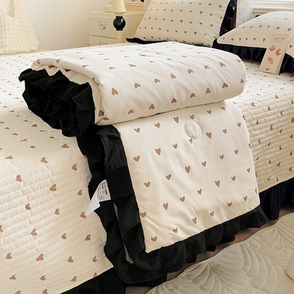 米莱家纺 2025新款A类赫本风针织双层纱夏被床盖四件套 爱心咖色