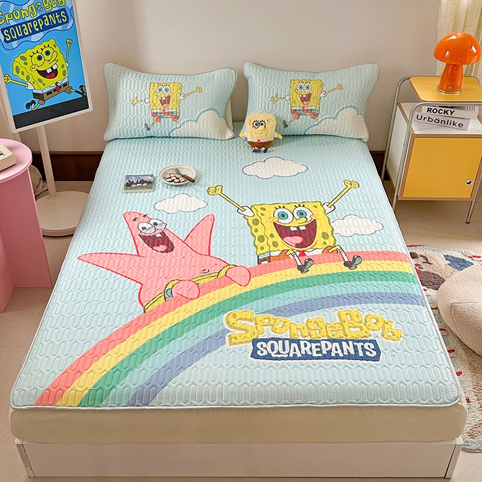 91家纺网 家纺一手货源 找家纺 金爱家 2025新款海绵宝宝乳胶凉席床笠款凉席席子 凉席床笠款-彩虹海绵宝宝