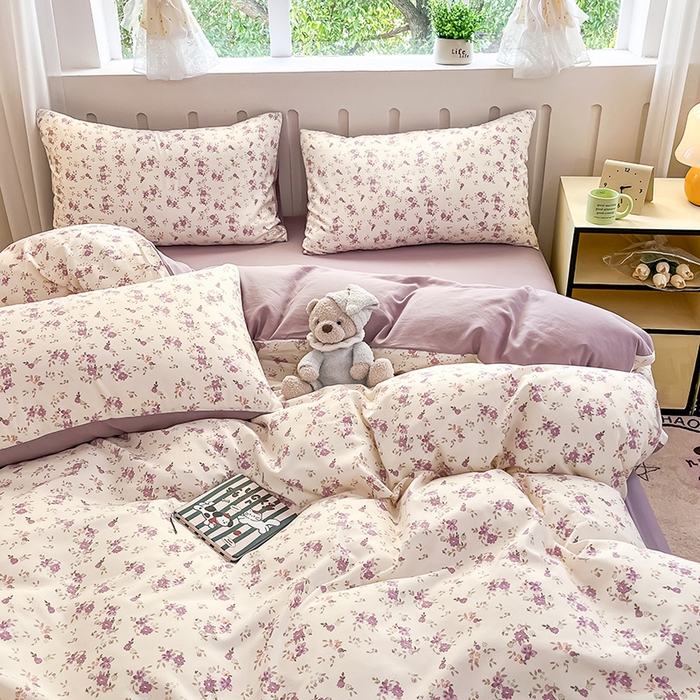 91家纺网 家纺一手货源 找家纺 玖明2025新款A类加厚柔软针织棉双层纱四件套 暮光紫苑