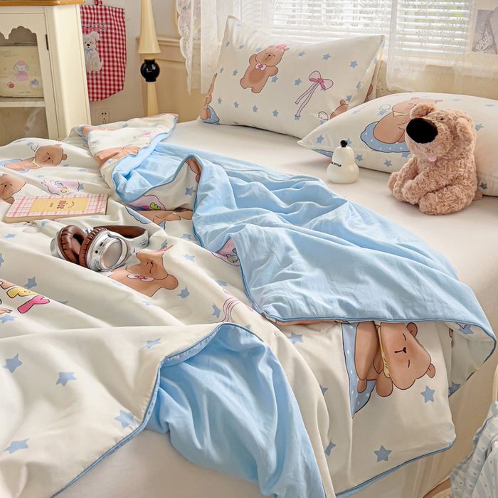 91家纺网 家纺一手货源 找家纺 2025春夏新款嵌绳款云柔水洗棉单夏被夏凉被空调被 嵌绳夏被-星星卡皮