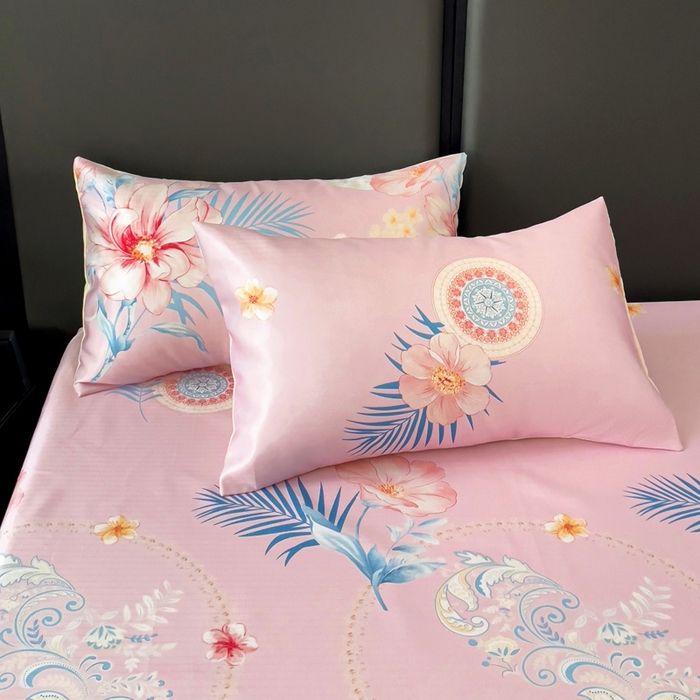 91家纺网 家纺一手货源 找家纺 纽缦家纺 2025新款印花冰丝床笠 春色