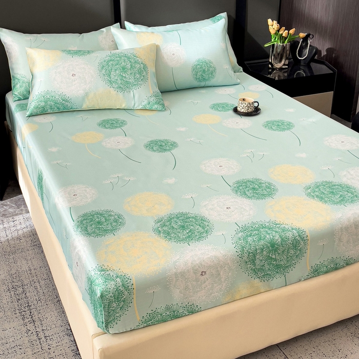 91家纺网 家纺一手货源 找家纺 纽缦家纺 2025新款印花冰丝床笠 蒲公英