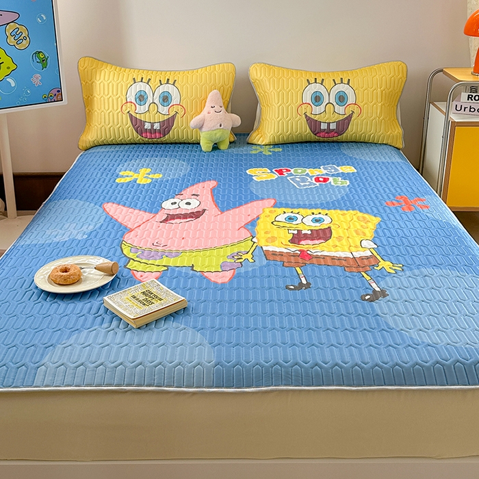 91家纺网 家纺一手货源 找家纺 金爱家 2025新款海绵宝宝乳胶凉席床笠款凉席席子 凉席床笠款-蓝蓝海绵宝宝