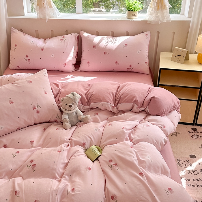 91家纺网 家纺一手货源 找家纺 玖明2025新款A类加厚柔软针织棉双层纱四件套 柔美梦境-粉