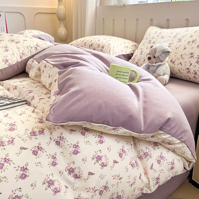 91家纺网 家纺一手货源 找家纺 玖明2025新款A类加厚柔软针织棉双层纱四件套 暮光紫苑