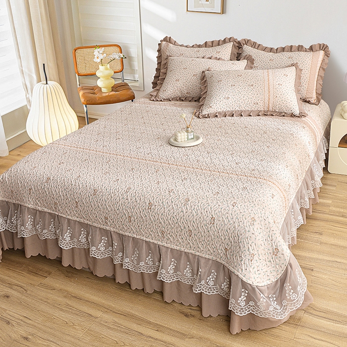 91家纺网 家纺一手货源 找家纺 梦柏 2025新款韩版双层纱夹棉绗缝床盖夏被四件套 萌小兔