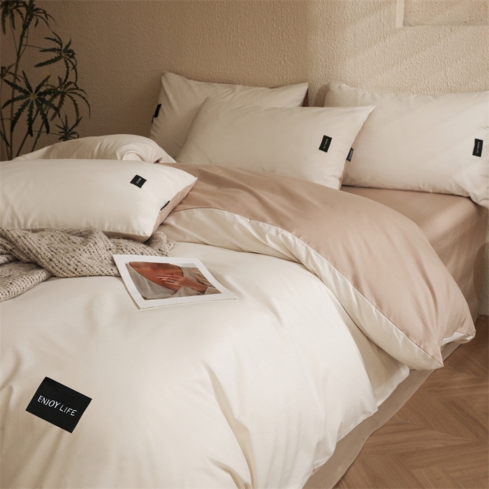 91家纺网 家纺一手货源 找家纺 启程2025新款全棉纯色双拼无印风四件套 奶白+杏仁