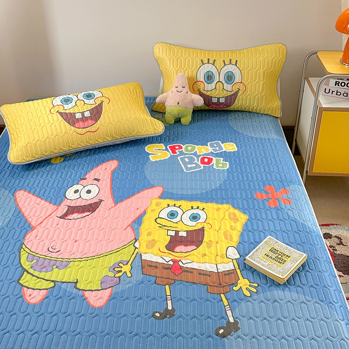 91家纺网 家纺一手货源 找家纺 金爱家 2025新款海绵宝宝乳胶凉席床笠款凉席席子 凉席床笠款-蓝蓝海绵宝宝