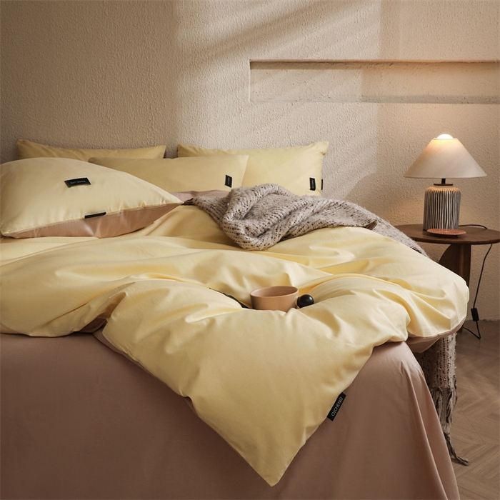 91家纺网 家纺一手货源 找家纺 启程2025新款全棉纯色双拼无印风四件套 奶昔黄+杏仁