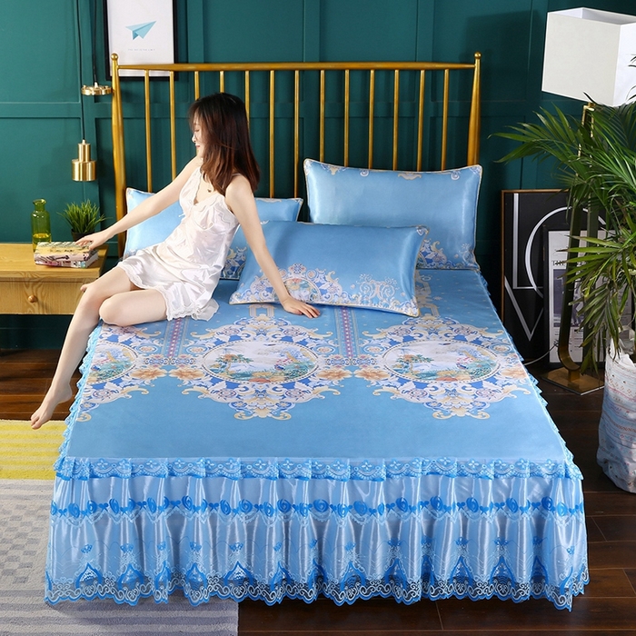 91家纺网 家纺一手货源 找家纺 情恒家纺2025新款床裙款冰丝布艺软凉席三件套 欧美风情