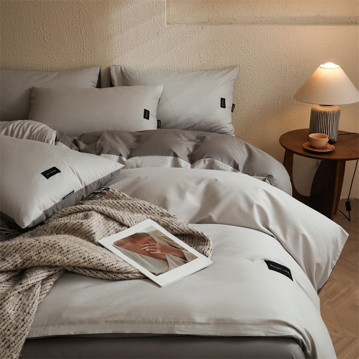 91家纺网 家纺一手货源 找家纺 启程2025新款全棉纯色双拼无印风四件套 绅士灰+雅士灰