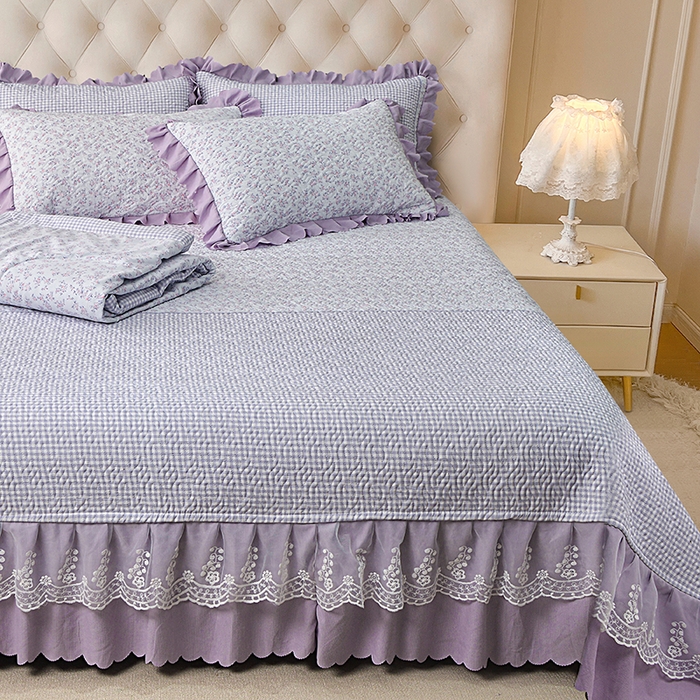 91家纺网 家纺一手货源 找家纺 梦柏 2025新款韩版双层纱夹棉绗缝床盖夏被四件套 清风