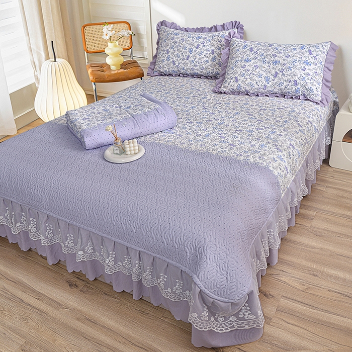 91家纺网 家纺一手货源 找家纺 梦柏 2025新款韩版双层纱夹棉绗缝床盖夏被四件套 薰衣草