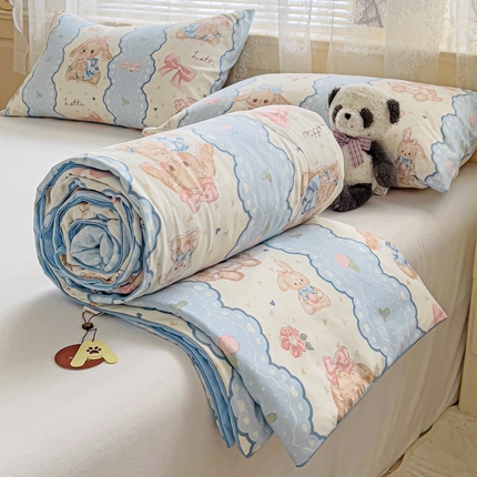 2025春夏新款嵌绳款云柔水洗棉单夏被夏凉被空调被 嵌绳夏被-蓝色蕾丝兔