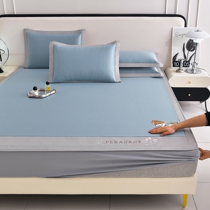 小牛席业  2025新款华夫格-鲜花凉感冰丝席凉席席子系列（床笠款） 蓝色