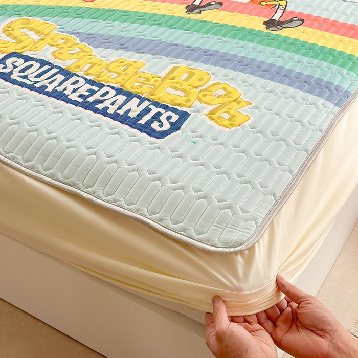 91家纺网 家纺一手货源 找家纺 金爱家 2025新款海绵宝宝乳胶凉席床笠款凉席席子 凉席床笠款-彩虹海绵宝宝