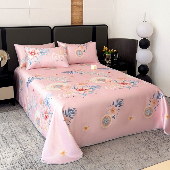 91家纺网 家纺一手货源 找家纺 纽缦家纺 2025新款印花冰丝防滑床单 春色