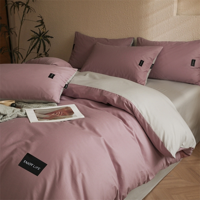 91家纺网 家纺一手货源 找家纺 启程2025新款全棉纯色双拼无印风四件套 香芋紫+绅士灰