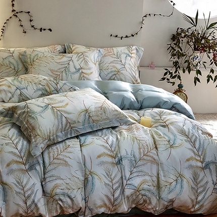 91家纺网 家纺一手货源 找家纺 未来家居 2025春夏新款100支莱赛尔天丝贡缎纯色印花系列高端礼盒四件套 浅草云眠